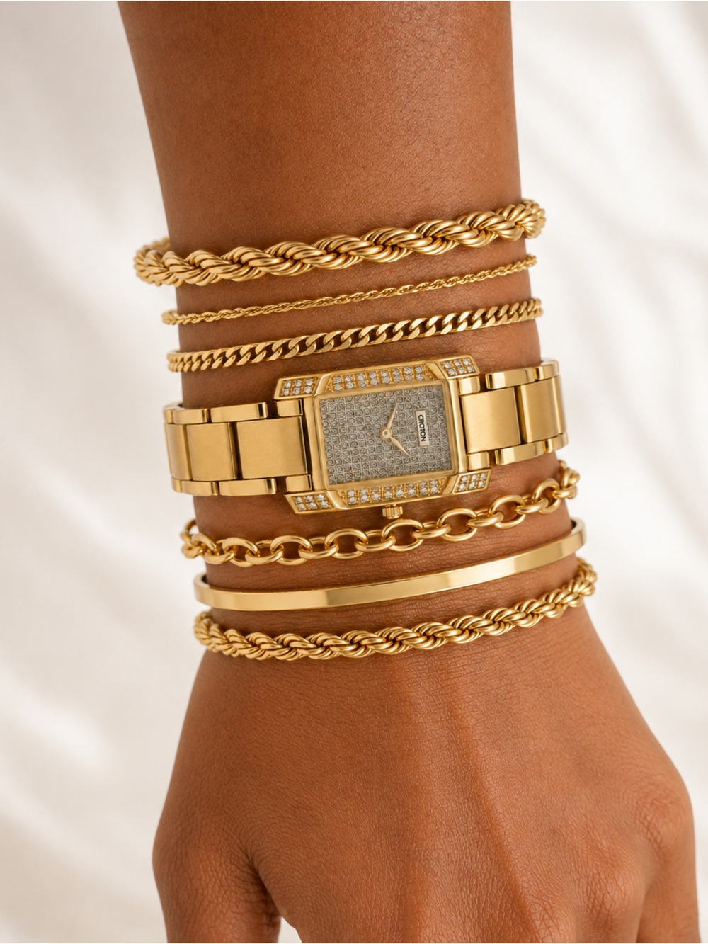 Croton Diamond Case Gold-Tone Rectangular Bracelet Watch Swiss Movement